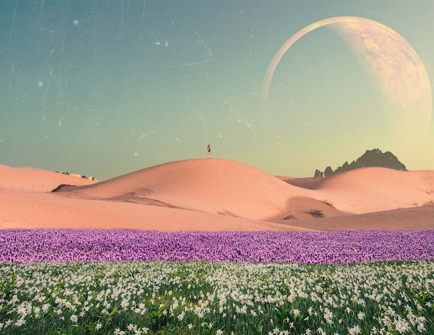 Collage con campo de flores y desierto.