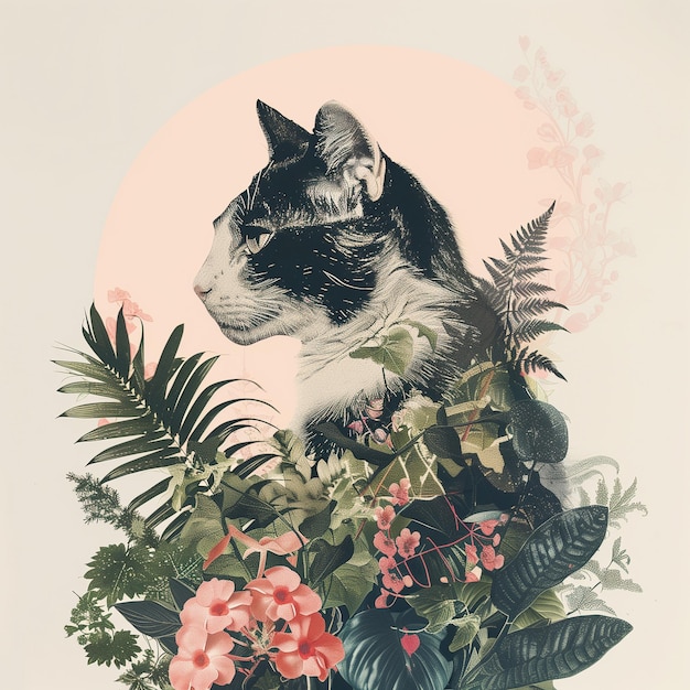 Foto collaje botánico con fusión de la estética del gato y la naturaleza