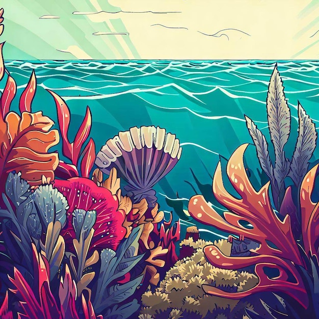 Foto una colorida escena submarina con algas de arrecifes de coral y otras plantas acuáticas