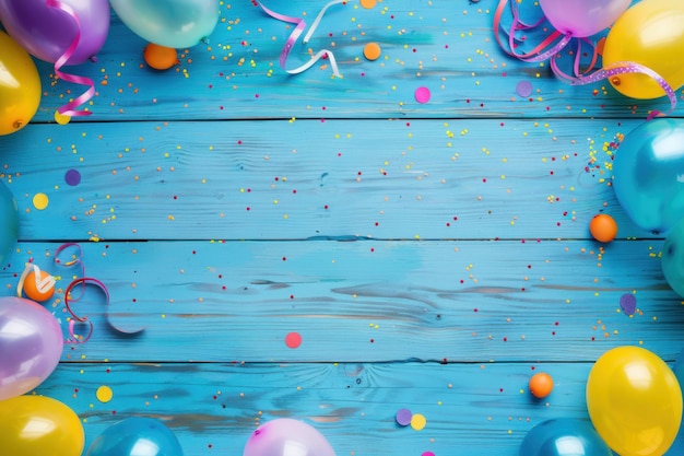 Foto un colorido y brillante carnaval o un marco de fiesta de globos, rayas y confeti en un espacio de copia de fondo de madera