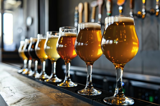 Foto copos de cerveja em um balcão de bar em um pub ou restaurante