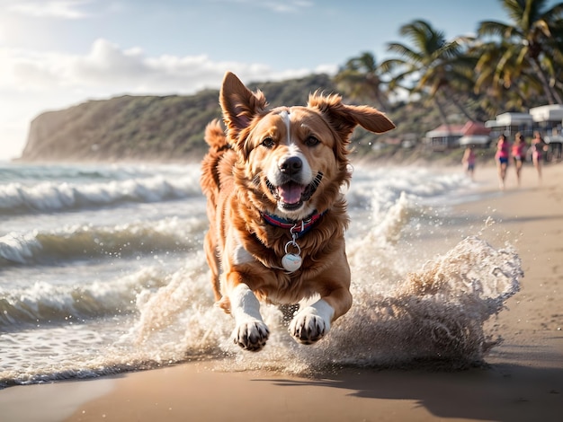 Foto un día alegre viendo a un perro jugar en la playa