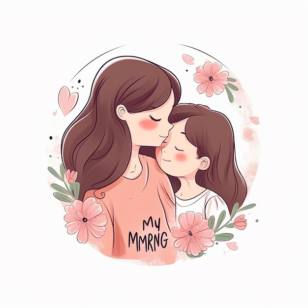 Foto un dibujo de caricatura de una madre y una hija besando a su hija.