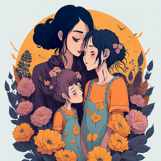 Foto un dibujo de dos niñas y una niña sostiene una flor en sus manos.