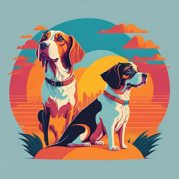 Foto un dibujo de dos perros sentados en una colina con el sol detrás de ellos.