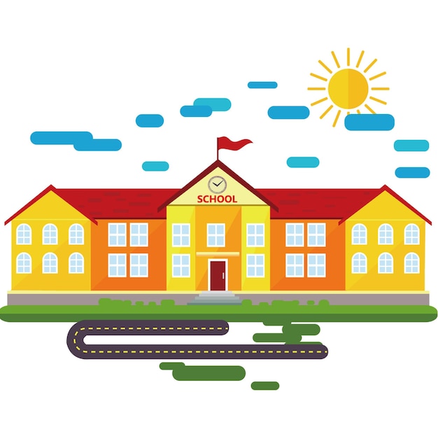 Foto un dibujo de una escuela con un techo rojo y un edificio escolar amarillo con las palabras escuela