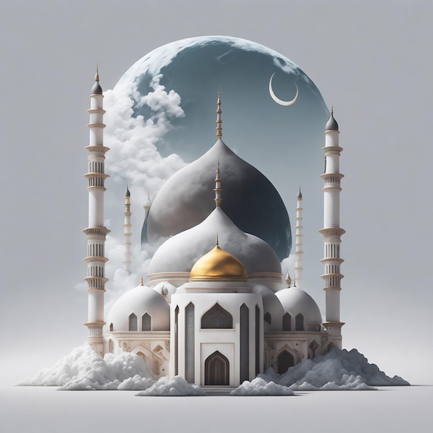 Un dibujo de una mezquita con una luna y la luna al fondo.