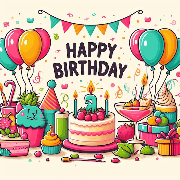 Foto diseño vectorial de texto de cumpleaños feliz balón de cumpleaños y elementos de confeti para una fiesta colorida