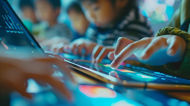 Foto diversos niños codifican en tabletas para la educación tecnológica