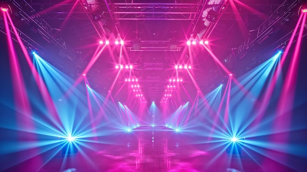Foto efecto láser de luz roja intensa en la actuación de un concierto de discoteca en un club nocturno diseño de celebración de brillo de neón de haz mágico fondo de estallido de estrellas iluminado abstracto