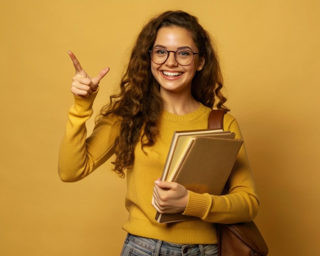 Foto ein college-mädchen mit einem glänzenden lächeln hält papierbücher und zeigt zufällig mit der hand