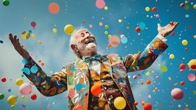 Foto ein älterer mann feiert freudig mit konfetti
