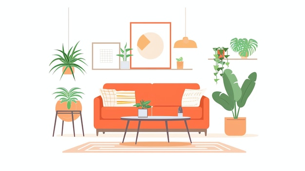 Foto ein gemütliches wohnzimmer mit einem verbrannten orangefarbenen sofa, tischteppich und pflanzen es gibt ein bild an der wand und einige hängende pflanzen