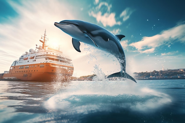 Ein Delfin springt vor einem Kreuzfahrtschiff aus dem Wasser.