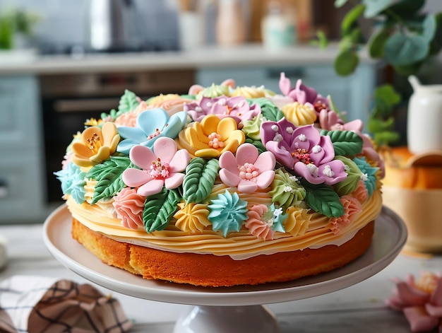 Ein eleganter Kuchen, geschmückt mit Blumen