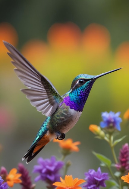 Foto ein kolibri fliegt in der luft mit lila blumen