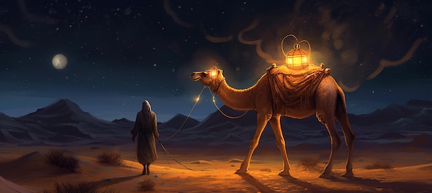 Foto ein kamel mit einer laterne in der nacht in der wüste mit sanddünen und hell scheinendem mond