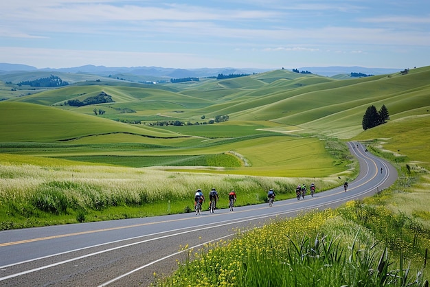 Ein hochauflösendes Bild einer Fahrradtourgruppe auf einer Sommerstraße mit sanften Hügeln, lebendigen grünen Feldern und einem klaren Himmel