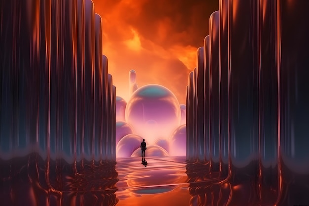 Ein Mann steht an einem dunklen Ort mit einem rot-orangefarbenen Himmel und den Worten „das Wort“ auf dem Boden.