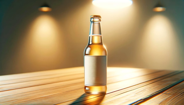 Eine Bierflasche auf einer Holzoberfläche gegen ein warmes gelbes Licht mit einem leeren Etikett für die Marke Generative KI