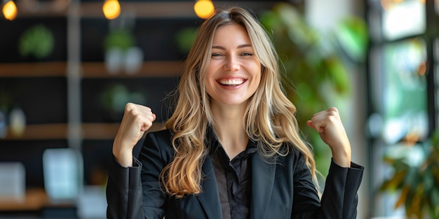 Foto eine erfolgreiche geschäftsführerin feiert ihre leistungen mit einem glücklichen lächeln und applaus in einer unternehmensumgebung