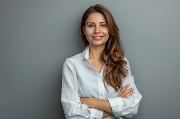 Eine glückliche junge Geschäftsfrau posiert vor einem grauen Wandhintergrund