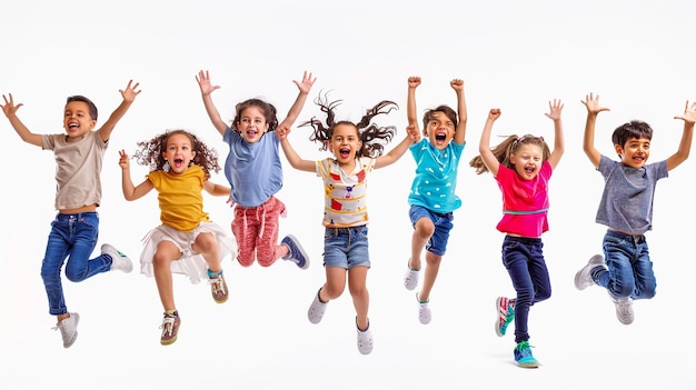 Foto eine gruppe von kindern, die mit den armen in der luft in die luft springen