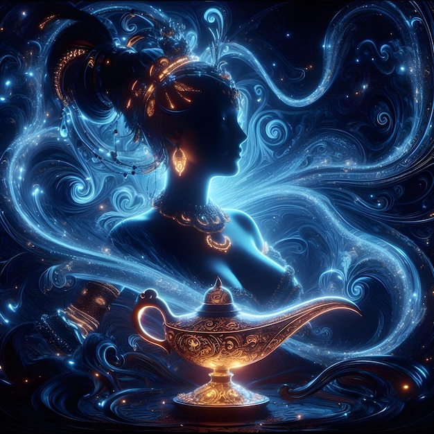 Foto eine weibliche genie-lampe mit dunkler fantasie