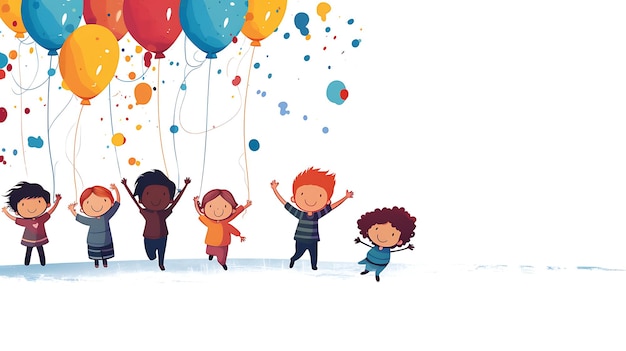 Foto eine zeichnung einer gruppe von kindern mit ballons im hintergrund