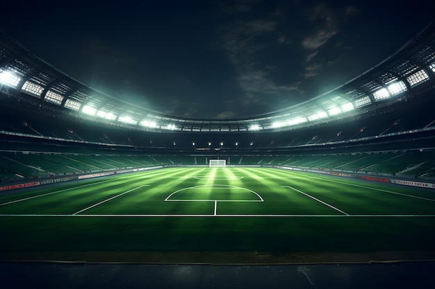 Foto estadio de campo de fútbol por la noche y foco ai generado