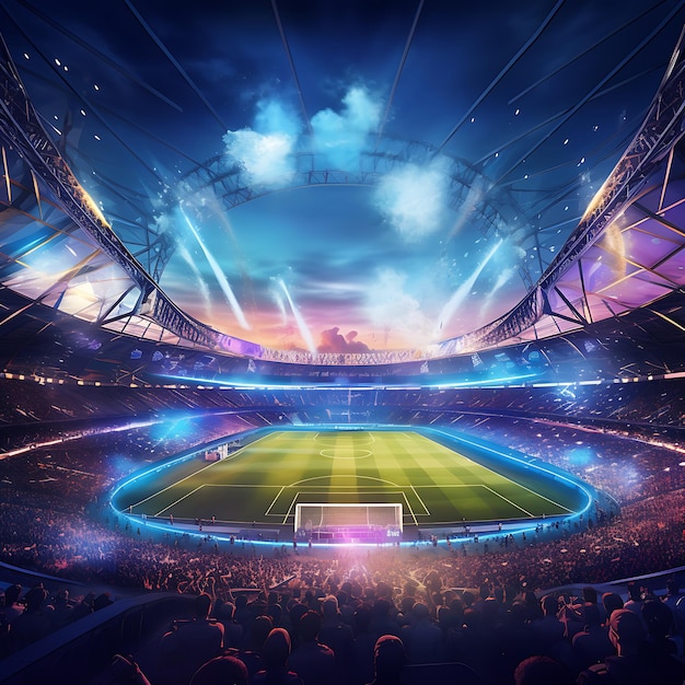 Foto estádio esportivo dinâmico e futurista durante um emocionante jogo de campeonato