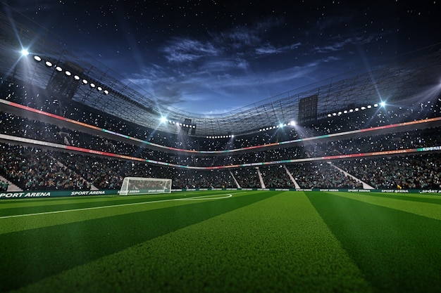 Foto estadio de fútbol vacío en la noche 3d render