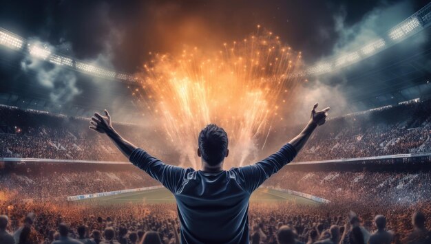 Foto estadio de fútbol con aficionados emocionados ganando el partido de campeonato celebración de la victoria con una audiencia animada aficionados alegres en una celebración colorida