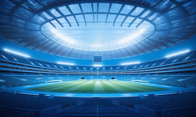 Foto estadio de fútbol con césped verde y cielo azul y por la noche