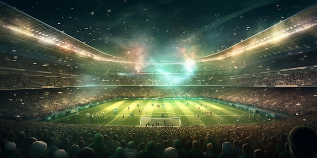 Foto estadio de fútbol por la noche con hierba verde y multitudes en el fondo
