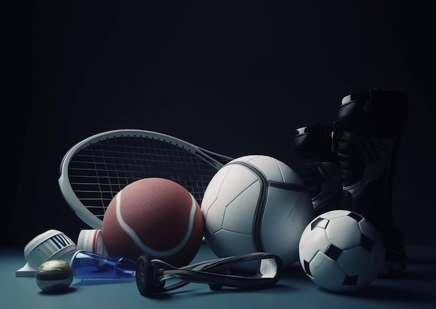 Foto equipamiento deportivo en el suelo pelotas raquetas para juegos y competiciones ai generado