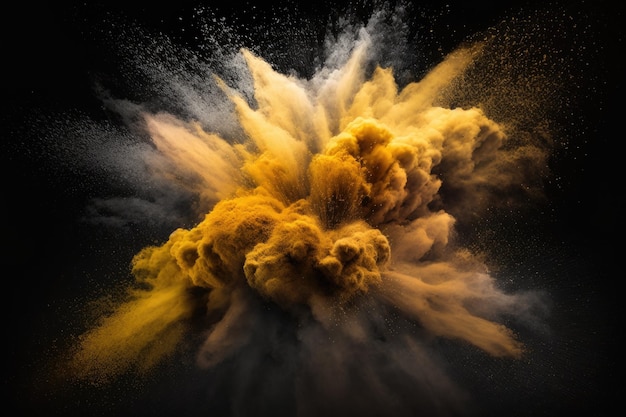 Foto erupción de polvo amarillo abstracto contra un fondo oscuro