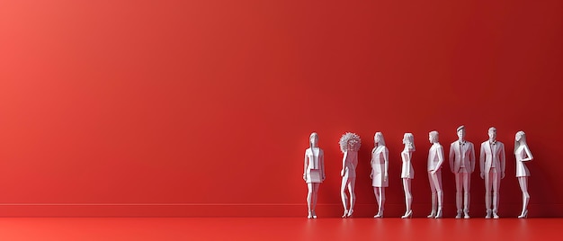 Foto figuras minimalistas de pie contra un fondo rojo
