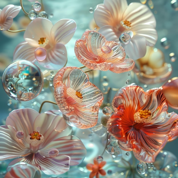 Foto fondo abstracto con flores y perlas en forma de burbujas