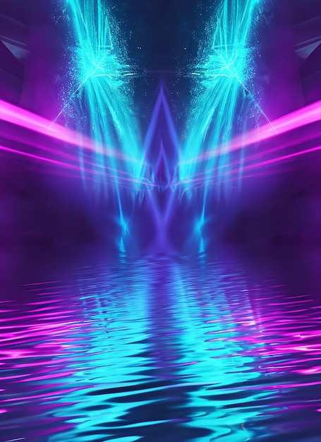 Foto fondo abstracto oscuro futurista azul rayos de luz de neón se reflejan en el agua