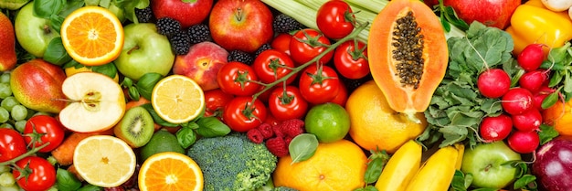 Foto fondo de alimentos colección de frutas y verduras manzanas banner tomates fruta vegetal
