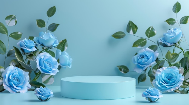 Fondo para la exhibición de productos con flores de rosas azules renderización 3D