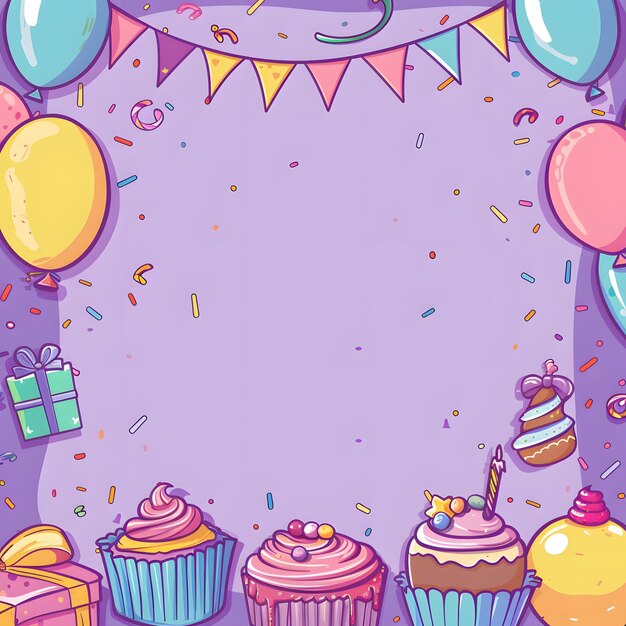 Foto fondo de la fiesta de cumpleaños con pasteles y globos