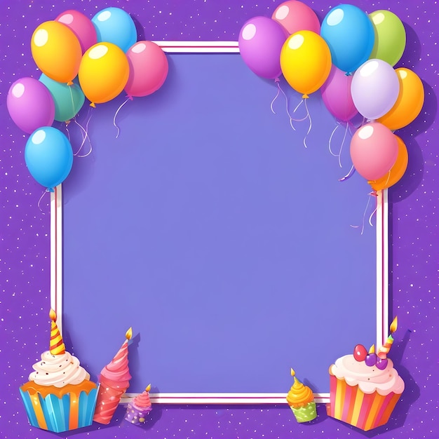 Foto un fondo púrpura con una imagen de globos y una imagen de un pastel de cumpleaños con las palabras fiesta de cumpleañas
