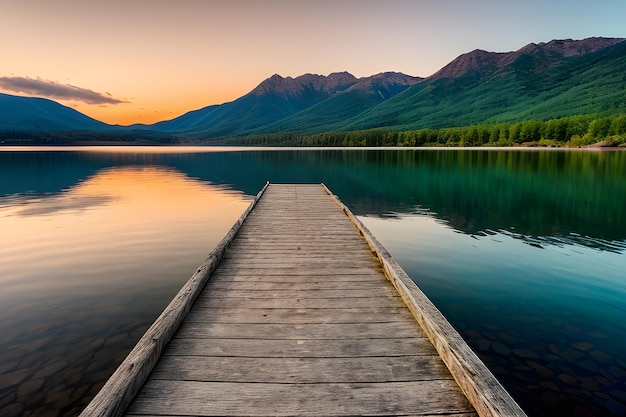 Foto foto muelle de madera vacío en un lago durante una puesta de sol impresionante un fondo fresco paisaje pacífico