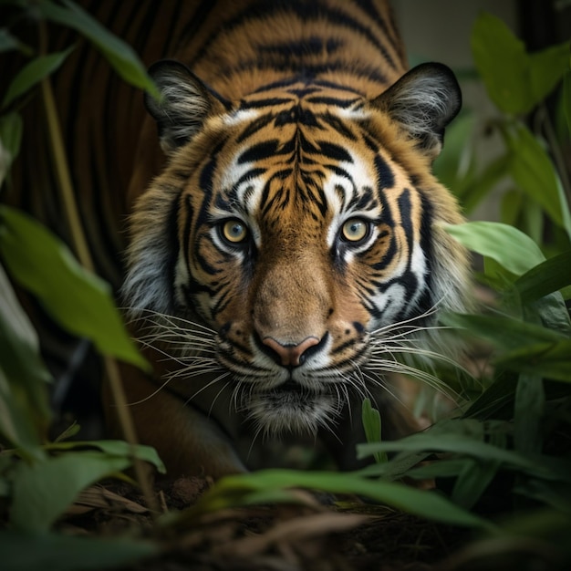 Foto foto de tigre de sumatra em close-up perseguindo presa com ambiente de selva para social media post size