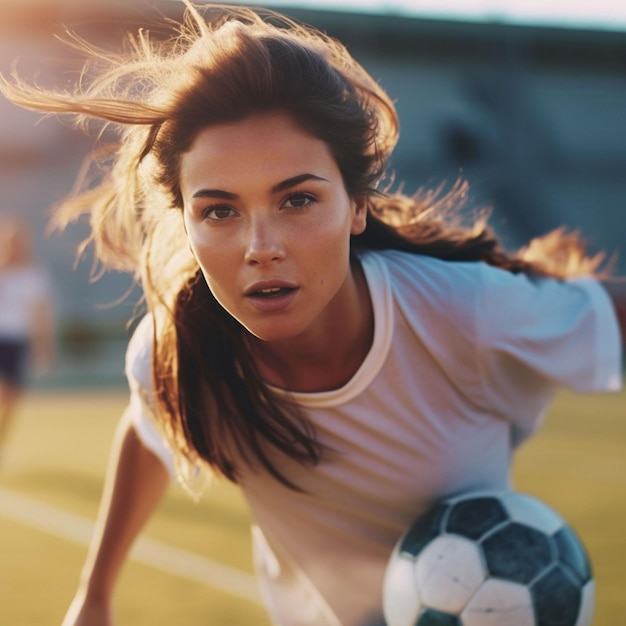 Foto foto jugadora de fútbol femenina pateando balón entrenando en acción y movimiento