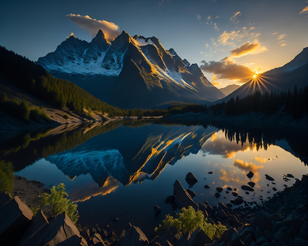 Foto foto de un sereno lago de montaña al atardecer