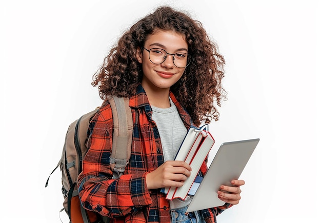 Foto fotoporträt einer jungen lächelnden college-studentin, die bücher mit rucksack hält