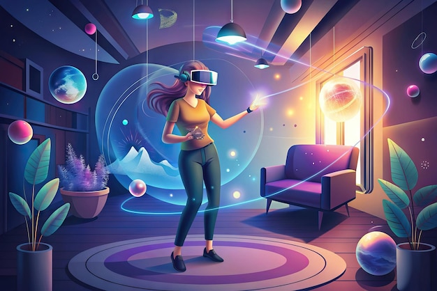 Foto futuristische illustration einer person mit virtual-reality-brille und elementen im hintergrund